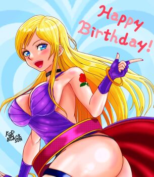 Rule 34 | 1girl, ass, b. jenet, b.jenet, blonde hair, blue eyes, breasts, clothes lift, dress, fatal fury, female focus, from behind, huge ass, huge breasts, kkd96062377, large breasts, long hair, pale skin, panties, skirt, skirt lift, the king of fighters, thick thighs, thighs, underwear, wind