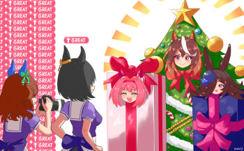 5girls absurdres air_groove_(umamusume) animal_ears blue_flower blue_rose blush bow box breasts brown_hair camera candy candy_cane christmas_ornaments christmas_star christmas_tree christmas_tree_costume closed_eyes closed_mouth ear_bow ear_covers ear_ribbon flipped_hair flower food gift gift_box gingerbread_man green_bow hair_between_eyes hair_over_one_eye hairband haru_urara_(umamusume) hat hat_flower headband highres holding holding_camera horse_ears horse_girl horse_tail king_halo_(umamusume) long_hair looking_at_viewer mibukyt mood_(umamusume) multicolored_hair multiple_girls open_mouth pink_bow pink_hair pink_headband puffy_short_sleeves puffy_sleeves purple_bow purple_eyes purple_shirt red_bow red_headband rice_shower_(umamusume) rose sailor_collar sailor_shirt school_uniform shirt short_hair short_sleeves skirt smile streaked_hair symboli_rudolf_(christmas_emperor_tree)_(umamusume) symboli_rudolf_(umamusume) tail taking_picture tilted_headwear tracen_school_uniform tree_costume umamusume white_hair white_sailor_collar white_skirt