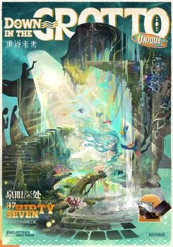 1girl 37_(down_in_the_grotto)_(reverse:1999) 37_(reverse:1999) anklet bare_shoulders barefoot bird blue_background blue_eyes blue_hair braid cape character_name chinese_text copyright_name detached_sleeves dolphin english_text hair_between_eyes hair_ornament highres jewelry leg_tattoo lily_pad logo long_hair official_alternate_costume official_art on_branch one-piece_swimsuit parrot plant reverse:1999 sitting sitting_on_branch solo stairs stone_stairs sunlight swimsuit tattoo twin_braids very_long_hair vines water waterfall wavy_hair white_cape white_one-piece_swimsuit wide_shot wide_sleeves