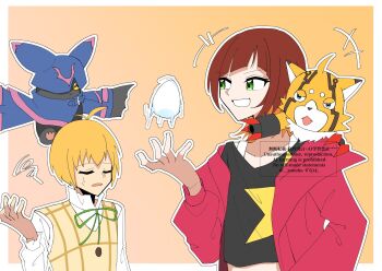 chiropmon digimon digimon_(creature) digimon_beatbreak green_eyes hair_between_eyes hair_ornament hat highres holding jacket japanese_clothes kimono kneeling kuonji_makoto looking_at_another pristimon sakuya_reina short_hair smile star_(symbol) zunaha