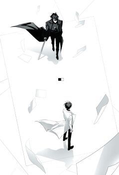 2boys asaki_an black_coat black_hair coat commentary english_commentary falling_paper from_above full_body highres holding holding_sword holding_weapon kim_dokja looking_at_another male_focus multiple_boys omniscient_reader's_viewpoint open_clothes open_coat paper popped_collar short_hair standing sword walking weapon white_coat yoo_joonghyuk