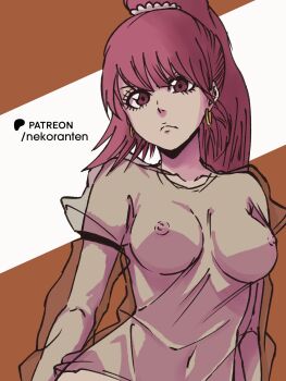 1girl absurdres artist_name bleach breasts commentary contrapposto dokugamine_riruka earrings frown high_ponytail highres jewelry medium_breasts navel nekoranten nipples ponytail red_eyes red_hair see-through_clothes see-through_shirt shirt solo