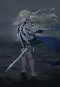 1girl absurdres bare_shoulders black_dress blonde_hair blue_eyes breasts cartethyia_(wuthering_waves) commentary_request crown_of_thorns dress eggmam_2000 floating_hair highres holding holding_sword holding_weapon long_hair looking_at_viewer medium_breasts one_eye_closed pointy_ears solo sword tacet_mark_(wuthering_waves) wading weapon wuthering_waves