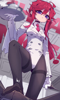 1boy 1girl absurdres black_pantyhose breasts buttons chinese_commentary closed_mouth collared_leotard collared_shirt commentary_request double-breasted feet femdom footjob footjob_over_clothes footjob_with_legwear from_below gloves hetero highres holding holding_tray imazawa leotard lilivia_(imazawa) long_hair long_sleeves looking_at_viewer medium_breasts necktie no_shoes original paid_reward_available pantyhose pink_necktie pov purple_eyes red_hair shirt solo stepped_on toe_seam towel towel_on_arm tray white_gloves white_leotard white_shirt