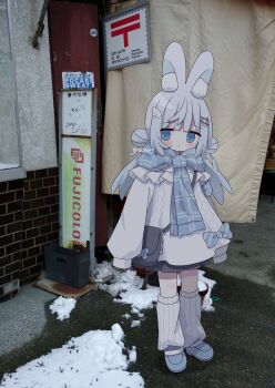 1girl animal_ears blue_eyes blue_scarf commentary hair_ornament highres long_hair nakkar original photo_background plaid_clothes plaid_scarf rabbit_ears rabbit_girl scarf shoes sleeves_past_wrists socks solo standing symbol-only_commentary