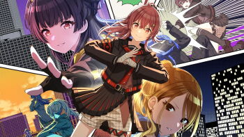 Rule 34 | bandages, black eyes, black hair, brown hair, building, cloud, dark-skinned female, dark skin, earrings, faceless, fighting, fingerless gloves, game cg, gloves, highres, idolmaster, idolmaster shiny colors, izumi mei, jacket, jewelry, kneehighs, komiya kaho, mask, mayuzumi fuyuko, official art, panels, ponytail, red eyes, red hair, shorts, smile, socks