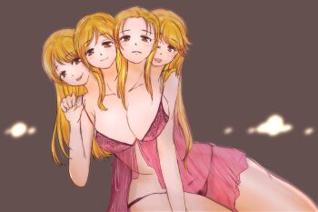 4girls blonde_hair blush conjoined highres lingerie multiple_girls multiple_heads quadruplets smile tongue tongue_out underwear