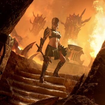 1girl armor armored_boots black_armor black_sclera blue_eyes boobplate boots brazier breastplate clawed_gauntlets cleavage_cutout clothing_cutout colored_sclera colored_skin commentary crop_top dark_seducer_(mazken) english_commentary fire green_skirt grey_skin hell helmet holding holding_mace holding_shield holding_weapon light_particles mace midriff nuarestudio rock shield shoulder_armor skirt solo stairs the_elder_scrolls the_elder_scrolls:_legends the_elder_scrolls_iv:_oblivion thighs tower weapon