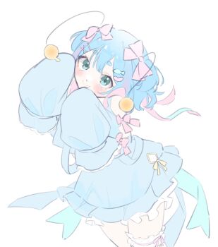 1girl antennae blair_labri_(artist) blue_eyes blue_hair frills hair_ribbon indie_virtual_youtuber long_sleeves moon_jelly pink_hair ribbon skirt virtual_youtuber