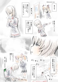 Rule 34 | 2girls, black hat, black jacket, black skirt, blue eyes, brown hair, commentary request, garrison cap, girls und panzer, girls und panzer phase erika, grey shirt, hair tie, hat, highres, itsumi erika, jacket, kuromorimine military uniform, kuromorimine school uniform, long hair, miniskirt, multiple girls, orange hair, red skirt, rou leila, school uniform, shirt, skirt, translation request, twintails, twitter username