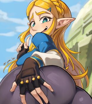 1girl artist_name ass black_gloves blonde_hair blue_sky braid breasts bright_pupils commentary crown_braid english_commentary fingerless_gloves from_behind gloves green_eyes hand_on_own_ass highres large_breasts laz_gm long_hair nintendo open_mouth paid_reward_available pointy_ears princess_zelda sky solo the_legend_of_zelda the_legend_of_zelda:_breath_of_the_wild twitter_username white_pupils