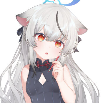 1girl aesice animal_ears black_streaks blue_archive blue_halo breasts china_dress chinese_clothes cleavage_cutout clothing_cutout curious dress grey_hair hair_ribbon halo head_tilt highres holding holding_pencil kokona_(blue_archive) long_hair looking_at_viewer multicolored_hair open_mouth orange_eyes pencil petite pinstripe_dress pinstripe_pattern ribbon simple_background small_breasts solo streaked_hair tiger_ears upper_body white_background