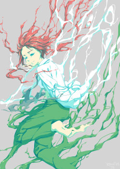 Rule 34 | 1girl, abstract, amputee, armless amputee, barefoot, collared shirt, double amputee, full body, green pants, grey background, highres, kamifish, katawa shoujo, long sleeves, pants, red hair, school uniform, shirt, short hair, simple background, solo, tezuka rin, white shirt, yamaku high school uniform