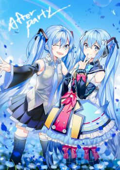 1girl aqua_dress aqua_eyes aqua_hair aqua_necktie aqua_trim black_sailor_collar black_skirt blush bow breasts closed_mouth collared_shirt detached_sleeves dress grey_shirt hair_ornament hatsune_miku headphones headset highres long_hair long_sleeves looking_at_viewer magical_mirai_miku magical_mirai_miku_(2018) medium_breasts necktie official_alternate_costume one_eye_closed open_mouth pink_bow pleated_skirt popuru sailor_collar shirt skirt sleeveless sleeveless_shirt smile solo thighhighs twintails v very_long_hair vocaloid wide_sleeves zettai_ryouiki