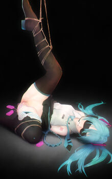 1girl arms_behind_back bare_shoulders bdsm black_background black_boots blindfold blue_hair blue_necktie blue_panties bondage boots bound bound_legs clothes_lift controller drooling female_focus hair_ornament hatsune_miku highres leg_lift leg_up long_hair lying miniskirt multiple_insertions necktie number_tattoo object_insertion on_back open_mouth panties panties_around_leg pleated_skirt po-i-mu pussy remote_control remote_control_vibrator rope saliva sex_toy shirt simple_background skirt skirt_lift sleeveless sleeveless_shirt solo spread_legs striped_clothes striped_panties tattoo thigh_boots thighhighs too_many too_many_sex_toys twintails uncensored underwear vaginal vaginal_object_insertion vibrator vibrator_cord vocaloid white_shirt