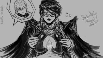 1boy 1girl bayonetta bayonetta_(series) breasts cleavage dreadlocks loki_(bayonetta) monochrome paizuri penis ponhoka pov