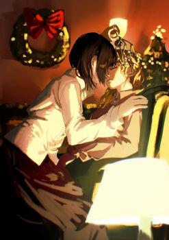 2girls absurdres black_hair black_skirt blonde_hair chair christmas christmas_tree christmas_wreath commentary_request highres holding holding_mistletoe imminent_kiss indoors lamp lampshade maribel_hearn mistletoe multiple_girls on_chair shirt sitting skirt touhou usami_renko white_shirt wreath yuri zeroko