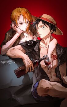 1boy 1girl arm_around_neck black_hair black_shirt blue_shorts bottle breasts brown_eyes brown_shirt cleavage closed_mouth collarbone cup dated elbow_rest facial_scar feet_out_of_frame gradient_background hat head_rest highres holding holding_bottle holding_cup lidocaine0 looking_at_viewer monkey_d._luffy nami_(one_piece) navel one_piece open_clothes open_shirt orange_hair pectorals scar scar_on_cheek scar_on_face shirt short_hair short_sleeves shorts single_sidelock sitting stomach straw_hat twitter_username