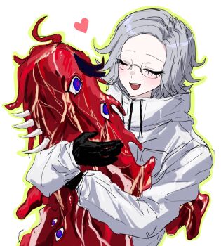 Rule 34 | 1boy, :d, ahoge, aotsuki eito, black gloves, black streaks, blue eyes, closed eyes, commentary, extra ears, facing another, glasses, gloves, green outline, grey hair, heart, highres, hug, jacket, looking at another, male focus, monsterification, multicolored hair, open mouth, outline, red hair, short hair, simple background, sketch, smile, spines, streaked hair, sumino takumi, the hundred line -last defense academy-, two-tone hair, white background, white jacket, wx8vnmn3k