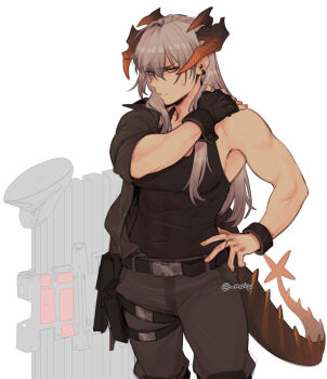 1girl angry arknights belt belt_buckle black_jacket black_pants black_tank_top bleeding blood breasts buckle covered_abs cuffs dragon_horns duplicate ear_piercing fingerless_gloves gloves grey_hair hat highres holster horns jacket jacket_partially_removed long_hair maiqo medium_breasts muscular muscular_female orange_eyes orange_nails pants parted_lips piercing red_nails saria_(arknights) saria_(the_law)_(arknights) shackles single_bare_shoulder single_fingerless_glove solo sweat tail tank_top twitter_username unworn_hat unworn_headwear white_background