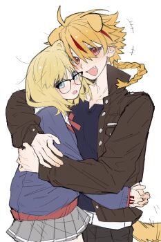 Rule 34 | 1boy, 1girl, absurdres, ahoge, animal ears, blonde hair, blue eyes, blush, braid, braided ponytail, collared shirt, command spell, dog boy, dog ears, dog tail, fang, fate/strange fake, fate (series), glasses, hetero, highres, hug, kemonomimi mode, looking at viewer, medium hair, multicolored hair, open mouth, red eyes, red streaks, richard i (fate), sajou ayaka (fate/strange fake), shirt, shuouyu, simple background, single braid, smile, sweater, tail, upper body, white background