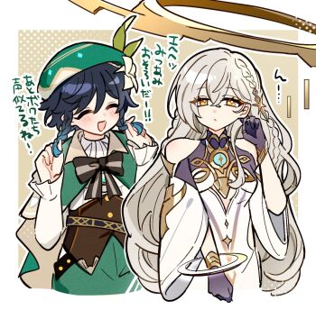 1boy 1girl :c ^_^ aqua_hair bare_shoulders beret black_bow black_bowtie black_hair blush bow bowtie braid brown_hair cape closed_eyes corset dress genshin_impact gloves gradient_hair green_cape green_hat hair_between_eyes hair_ornament halo hand_up hat istaroth_(genshin_impact) long_hair long_sleeves multicolored_hair nanoja_(haigototta) open_mouth shirt short_hair sleeveless sleeveless_dress translation_request twin_braids two-tone_hair venti_(genshin_impact) voice_actor_connection white_dress white_hair white_shirt yellow_eyes