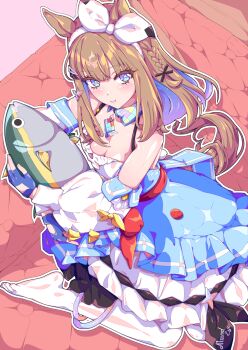 +_+ 1girl almond_eye_(umamusume) animal animal_ears bare_shoulders blue_dress blue_eyes blue_gloves blush bow_hairband braid braided_sidelocks breasts brown_hair cleavage closed_mouth colored_inner_hair detached_collar detached_sleeves dress fingerless_gloves fish gloves hair_between_eyes hair_ornament hairband hairclip highres holding holding_animal holding_fish horse_ears horse_girl horse_tail kan_lee long_hair looking_at_viewer medium_breasts multicolored_hair pout solo symbol-shaped_pupils tail umamusume white_hairband x-shaped_pupils