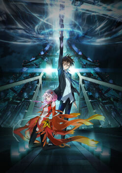 1boy 1girl arm_up brown_eyes brown_hair center_opening guilty_crown highres katou_hiromi kneeling legs leotard official_art ouma_shuu pink_hair red_eyes red_leotard sword tower void_(guilty_crown) weapon yuzuriha_inori