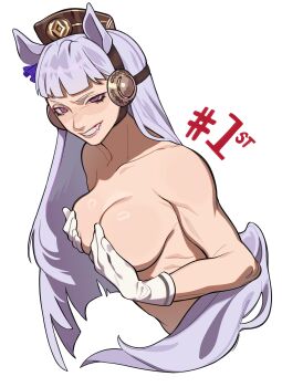 1girl absurdres animal_ears blush breasts brown_hat cleavage collarbone commentary covering_breasts covering_privates cropped_torso english_commentary fang gold_ship_(umamusume) grin hat highres horse_ears horse_girl long_hair looking_at_viewer nude porqueloin purple_eyes simple_background smile solo umamusume white_background white_hair