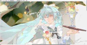 1girl apron blue_eyes blue_hair bow dress food hair_between_eyes hair_bow hair_intakes hair_ornament highres holding holding_tray ice_cream liulianjingrua long_hair long_sleeves maid maid_apron original parfait parted_lips solo tray upper_body white_apron