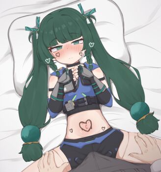 1boy 1girl absurdres android black_gloves blush body_markings bulge erection erection_under_clothes fingerless_gloves gloves green_eyes green_hair hair_ornament hands_on_another&#039;s_thighs heart heartbee hetero highres joints loli long_hair looking_at_viewer lying midriff navel on_back on_bed outie_navel pillow pov qingyi_(zenless_zone_zero) robot_joints shorts sphere_hair_ornament spread_legs stomach thighs twintails zenless_zone_zero