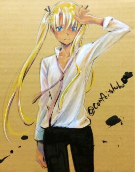 1girl blonde_hair blue_eyes collared_shirt commentary_request expressionless flat_chest gunslinger_girl long_hair looking_at_viewer marine_(confeitokobo) open_collar photo_(medium) shirt solo traditional_media triela twintails