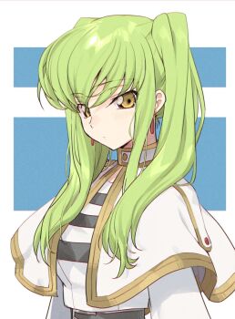 1girl black_shirt breasts c.c. capelet closed_mouth code_geass cosplay creayus earrings gold_trim green_hair high_collar jacket jewelry long_hair looking_at_viewer medium_breasts shirt solo sousou_no_frieren striped_clothes striped_shirt twintails white_capelet white_jacket white_shirt yellow_eyes