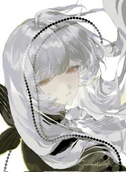 1girl albino artist_request bead_necklace beads black_ribbon black_shirt blunt_bangs character_name commission empty_eyes expressionless floating_hair half-closed_eyes hashtag-only_commentary highres jewelry long_hair looking_at_viewer necklace pale_skin parted_lips portrait red_eyes reverse:1999 ribbon second-party_source semmelweis_(reverse:1999) semmelweis_(the_mirror)_(reverse:1999) shirt shirt_ribbon simple_background solo turning_head turtleneck white_background white_hair