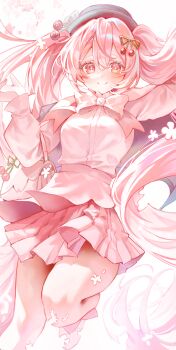 Rule 34 | 1girl, absurdres, bag, black jacket, blush, cherry blossoms, cherry hair ornament, closed mouth, commentary, falling petals, flower, food-themed hair ornament, grey hat, hair between eyes, hair ornament, hat, hatsune miku, highres, jacket, jacket on shoulders, long hair, long sleeves, looking at viewer, official alternate costume, official alternate hairstyle, petals, pink eyes, pink flower, pink hair, pink petals, pink skirt, pleated skirt, sakura miku, sakura miku (rella), shirt, skirt, smile, solo, someang, twintails, very long hair, vocaloid, white shirt