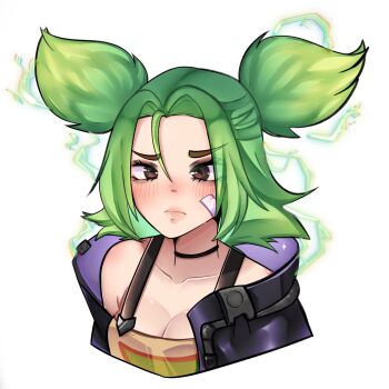 1girl bandaid bandaid_on_face black_choker black_jacket breasts brown_eyes choker cropped_shoulders electricity electrokinesis forehead furrowed_brow green_hair hair_between_eyes highres jacket league_of_legends light_blush loose_hair_strand medium_breasts open_clothes open_jacket parted_bangs pikadrea pout procreate_(medium) puckered_lips short_hair sidelocks simple_background solo tank_top twintails white_background yellow_tank_top zeri_(league_of_legends)