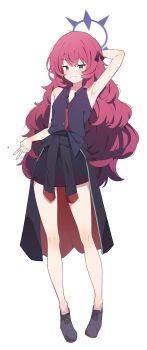 1girl absurdres arm_behind_head arm_up armpits bare_arms bare_legs bare_shoulders black_shirt black_skirt blue_archive clothes_around_waist coat_around_waist collared_shirt commentary_request flipped_hair full_body grey_eyes gyaru_v halo highres iroha_(blue_archive) korean_commentary long_hair miniskirt necktie pigeon-toed purple_halo red_hair red_necktie s10021 shirt shoes simple_background skirt sleeveless sleeveless_shirt smile solo standing v white_background