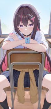 1girl absurdres alternate_costume asymmetrical_sidelocks azki_(gyaru)_(hololive) azki_(hololive) backlighting belt_collar black_collar black_skirt black_socks blue_scrunchie braid brown_hair cardigan cardigan_around_waist celine_marie_noel chair classroom clothes_around_waist collar colored_inner_hair commentary_request crossed_arms double-parted_bangs eyelashes feet_out_of_frame gyaru hair_between_eyes hair_intakes hair_ornament hairclip half_up_braid heart_collar highres hololive indoors kneehighs kogal long_hair looking_at_viewer miniskirt mole mole_under_eye multicolored_hair neck_ribbon pink_hair pink_streaks plaid_clothes plaid_skirt pleated_skirt purple_eyes red_ribbon ribbon school school_chair school_uniform scrunchie shirt short_sleeves sidelocks sitting sitting_backwards skirt smile socks solo spread_legs streaked_hair very_long_hair virtual_youtuber vmerin white_shirt white_streaks window wrist_scrunchie