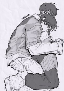 2boys alternate_costume arm_around_neck carrying carrying_person commentary dalchi09 full_body greyscale hand_on_another's_ass kim_dokja looking_at_viewer male_focus monochrome multiple_boys omniscient_reader's_viewpoint short_hair surprised sweater symbol-only_commentary wide-eyed yaoi yoo_joonghyuk