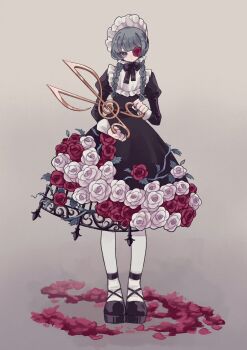 1girl ankle_strap bib_collar black_dress black_nails black_shoes bonnet braid closed_mouth commentary contrast_collar crinoline dress flower flower_over_eye full_body gothic_&amp;_horror_hatsune_miku_design_contest green_eyes green_hair grey_background hatsune_miku highres holding holding_scissors invisible_floor juliet_sleeves long_hair long_sleeves looking_at_viewer medium_dress one_eye_covered oversized_object pale_skin pantyhose petals puffy_sleeves red_flower red_pupils red_rose rose rose_petals scissors shiro_(a923808254) shoes simple_background solo standing thorns treble_clef twin_braids untranslatable_commentary vocaloid white_flower white_pantyhose white_rose