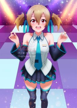 1girl :d alternate_costume artist_name bare_shoulders black_skirt black_sleeves black_thighhighs blue_necktie blue_ribbon blue_trim breasts brown_hair collarbone collared_shirt commentary cosplay cowboy_shot detached_sleeves double-parted_bangs english_commentary eyelashes hair_between_eyes hair_ornament hair_ribbon hands_up hatsune_miku hatsune_miku_(cosplay) highres long_sleeves looking_at_viewer medium_breasts microphone miniskirt necktie open_mouth pleated_skirt red_eyes ribbon shirt short_hair shugo19 signature silica skindentation skirt skirt_set smile solo stage stage_lights straight-on sword_art_online teeth thighhighs tongue upper_teeth_only vocaloid watermark web_address white_shirt zettai_ryouiki