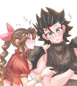 1boy 1girl 7_(milu577610) aerith_gainsborough armor black_hair black_sweater blue_eyes blush bracelet braid braided_ponytail brown_hair closed_eyes couple crisis_core:_final_fantasy_vii cross_scar dress facial_scar facing_another final_fantasy final_fantasy_vii final_fantasy_vii_remake flying_sweatdrops from_side hair_ribbon hand_on_another&#039;s_shoulder heart highres imminent_kiss incoming_kiss jacket jewelry leaning_to_the_side looking_at_viewer open_clothes open_jacket pink_dress pink_ribbon ponytail profile puckered_lips red_jacket ribbed_sweater ribbon scar scar_on_cheek scar_on_face shoulder_armor simple_background sleeveless sleeveless_turtleneck spiked_hair straight-on sweater turtleneck turtleneck_sweater upper_body white_background zack_fair