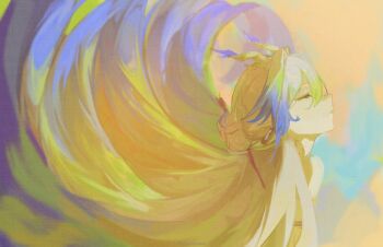 Rule 34 | 1girl, arknights, blonde hair, blue background, blue hair, closed eyes, commentary, dragon horns, english commentary, gradient background, gradient hair, hair focus, highres, horns, long hair, multicolored hair, orange background, portrait, shu (arknights), solo, very long hair, yyalloww