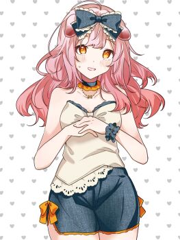 1girl animal_ears arknights aza_nonoka bare_shoulders black_bow black_shorts blush bow collarbone commentary cowboy_shot denim denim_shorts dot_nose frilled_bow frills goldenglow_(arknights) grey_shirt heart heart_background highres long_hair looking_at_viewer open_mouth own_hands_together pink_hair scrunchie shirt shorts solo standing strapless strapless_shirt white_background wrist_scrunchie yellow_eyes