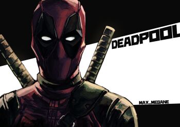 1boy absurdres artist_name black_border border character_name commentary deadpool deadpool_(series) highres jacket looking_at_viewer male_focus marvel mask megane_(0max_megane0) no_pupils portrait red_jacket solo superhero_costume sword sword_on_back weapon weapon_on_back white_background