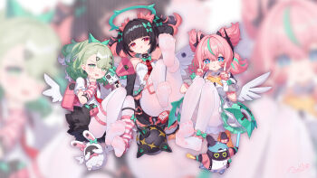 Rule 34 | 3girls, :q, ankle bow, ankle ribbon, aria (human) (zenless zone zero), aria (zenless zone zero), arm warmers, backpack, bag, bangboo (zenless zone zero), black hair, black skirt, blue eyes, blush, bow, breasts, chinese commentary, commentary request, detached sleeves, double v, dress, earrings, feet, foot focus, full body, green eyes, green hair, halo, highres, holding, holding mace, holding megaphone, holding weapon, jewelry, mace, medium hair, megaphone, multicolored hair, multiple girls, musical note earrings, nangong yu, no shoes, open mouth, pantyhose, paw print soles, pink hair, quad tails, red eyes, ribbon, shirt, single leg warmer, skirt, small breasts, streaked hair, sunna (zenless zone zero), tearing up, tongue, tongue out, tsubasa tsubasa, v, weapon, white dress, white pantyhose, white shirt, wings, zenless zone zero, zoom layer