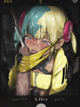 1boy 1girl aqua_hair bandeau black_hair blonde_hair blue_eyes breasts canari_(pokemon) commentary_request cum cum_in_mouth cum_on_body cum_on_hair ejaculation facial jacket large_penis mask medium_breasts mouth_mask multicolored_hair nintendo open_mouth penis pokemon pokemon_legends:_z-a solo_focus twintails two-tone_mask x4824 yellow_bandeau yellow_jacket