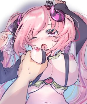 1boy 1girl :o ;o anneliese arm_up black_shrug blush breasts cleavage commentary_request crown curled_horns deep_skin demon_girl demon_horns eyes_visible_through_hair gattengou grabbing_another's_breast groping hair_between_eyes hair_ribbon hand_up heart hetero highres horns kimagure_temptation large_breasts long_hair long_sleeves looking_at_viewer mini_crown navel nipples one_eye_closed open_mouth pink_hair plaid_ribbon pov pov_hands purple_eyes purple_ribbon red_ribbon ribbon shrug_(clothing) sidelocks simple_background solo_focus sweatdrop tareme twintails upper_body very_long_hair white_background