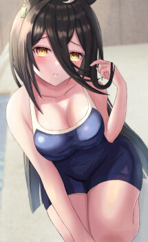 Rule 34 | 1girl, absurdres, animal ears, bare shoulders, black hair, blue one-piece swimsuit, blush, breasts, cleavage, collarbone, commentary request, competition school swimsuit, covered navel, ear tag, earrings, hair between eyes, highres, horse ears, horse girl, jewelry, long bangs, long hair, long hair between eyes, long sleeves, looking at viewer, manhattan cafe (umamusume), medium breasts, multicolored hair, one-piece swimsuit, parted lips, pool ladder, poolside, school swimsuit, seiza, single earring, sitting, solo, swimsuit, thighs, thurumu, tracen swimsuit, umamusume, very long hair, water, white hair
