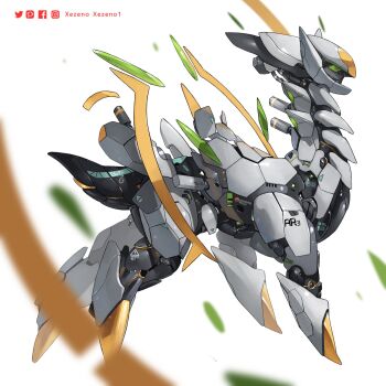 animal_focus arceus artist_name blurry colored_sclera commentary depth_of_field english_commentary facebook_logo facebook_username floating full_body gen_4_pokemon green_eyes green_sclera highres instagram_logo instagram_username legendary_pokemon mecha mechanization mythical_pokemon nintendo no_humans no_pupils pixiv_logo pixiv_username pokemon pokemon_(creature) robot simple_background solo twitter_logo twitter_username white_background xezeno